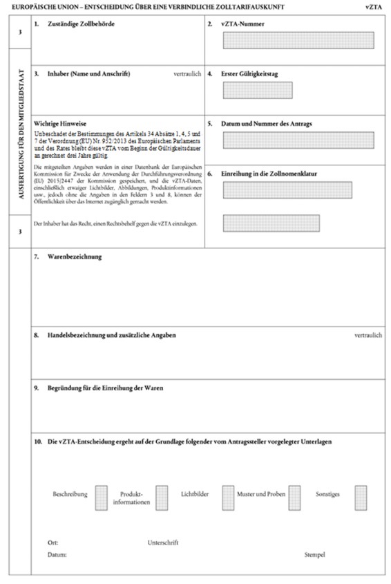 Formular Entscheidung über eine verbindliche Zolltarifauskunft (vZTA), Ausfertigung für den Mitgliedstaat, Seite 1