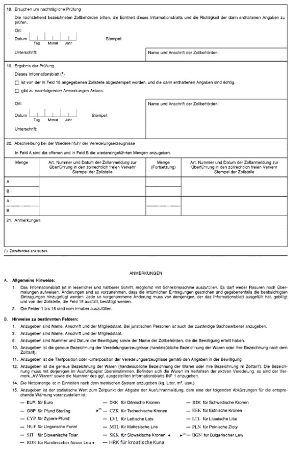 Formular: INF 2 - Informationsblatt Passive Veredelung Dreieckverkehr, Rückseite