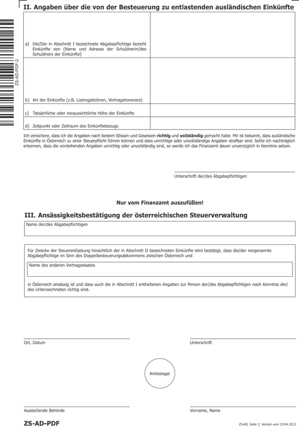 Anhang II: Ansässigkeitsbestätigung, deutsch, Seite 2