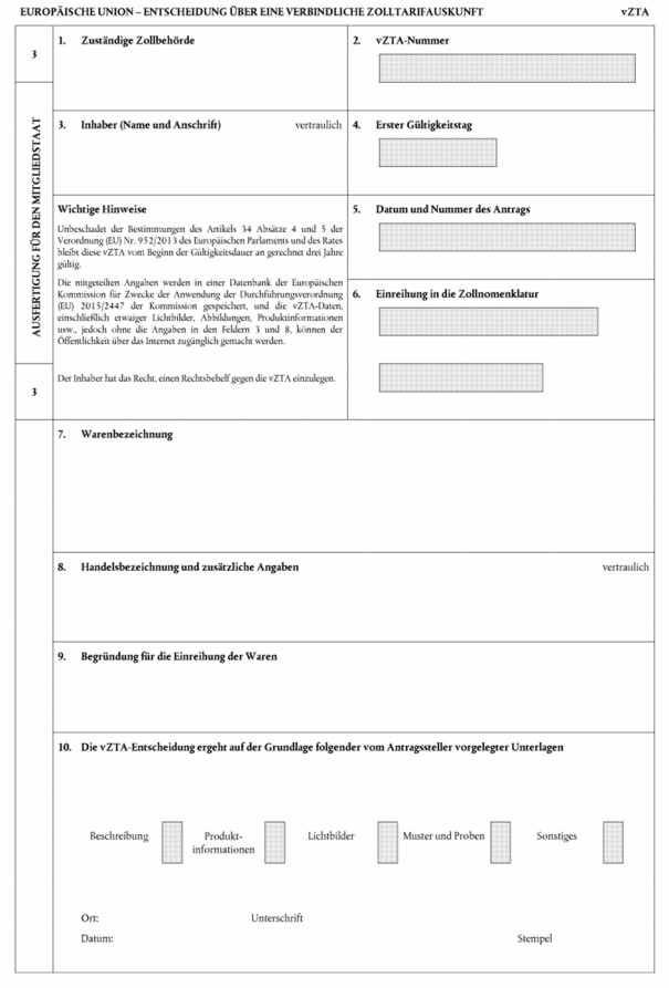Formular Entscheidung über eine verbindliche Zolltarifauskunft (vZTA), Ausfertigung für den Mitgliedstaat, Seite 1