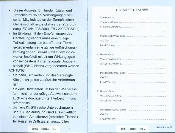 Muster 3 - Heimtierausweis (Pet Passport) - Deckblatt Rückseite und Seite 1