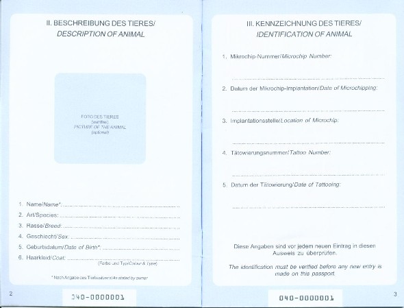 Muster 3 - Heimtierausweis (Pet Passport) - Seiten 2 und 3