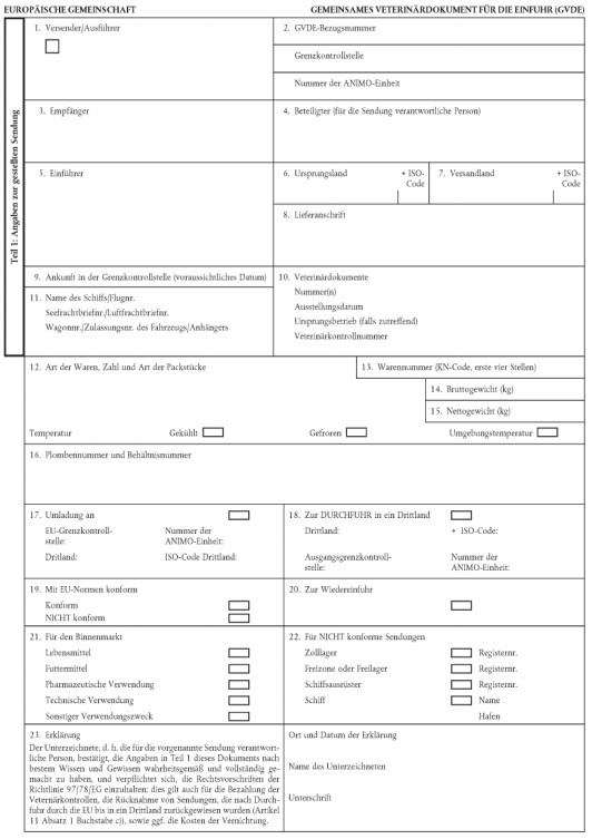 Muster 1 - Gemeinsames Veterinärdokument für die Einfuhr (GVDE) für Erzeugnisse - Seite 1