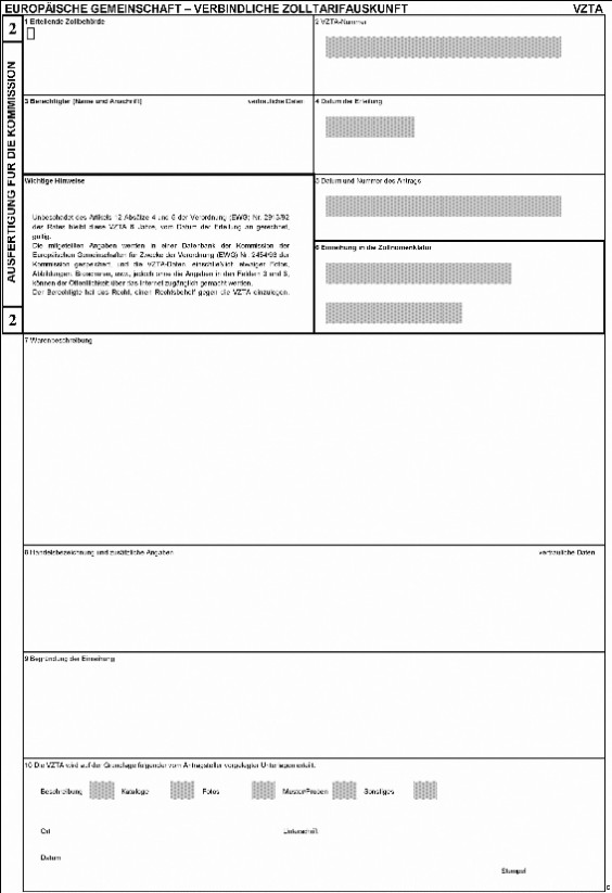 Formular: Mustervordruck für verbindliche Zolltarifauskünfte (VZTA), Ausfertigung 2 (für die Kommission)
