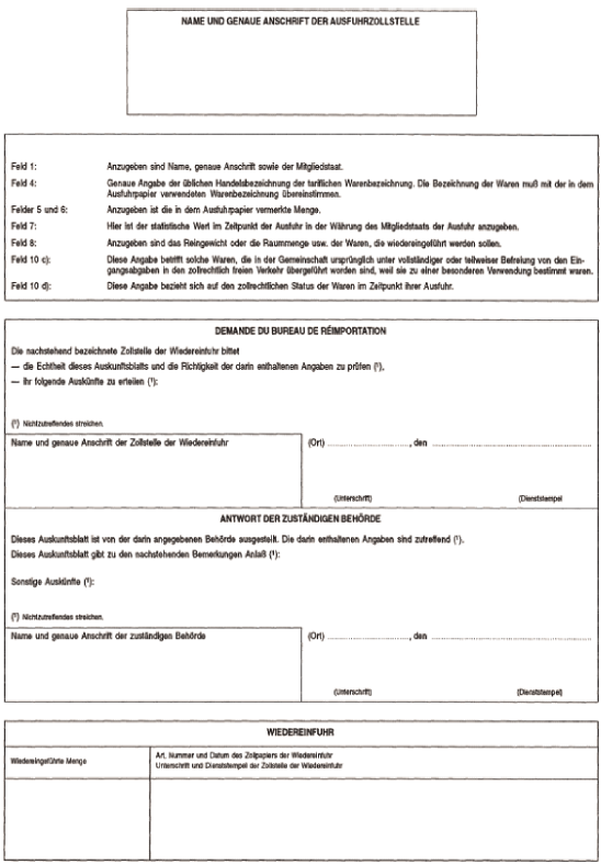 Formular Auskunftsblatt INF3 für Rückwaren, Originalexemplar, Rückseite