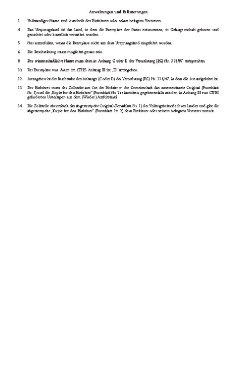 Rückseite Muster 2: Anweisungen und Eräuterungen der Einfuhrmeldung