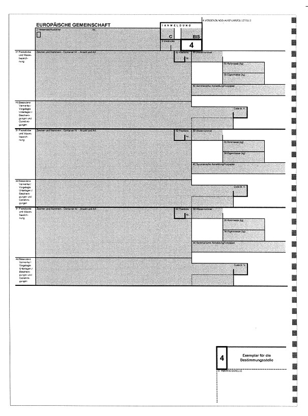 Formular: Einheitspapier - Ergänzungsvordruck, Ausfertigung 4 (Exemplar für die Bestimmungsstelle)
