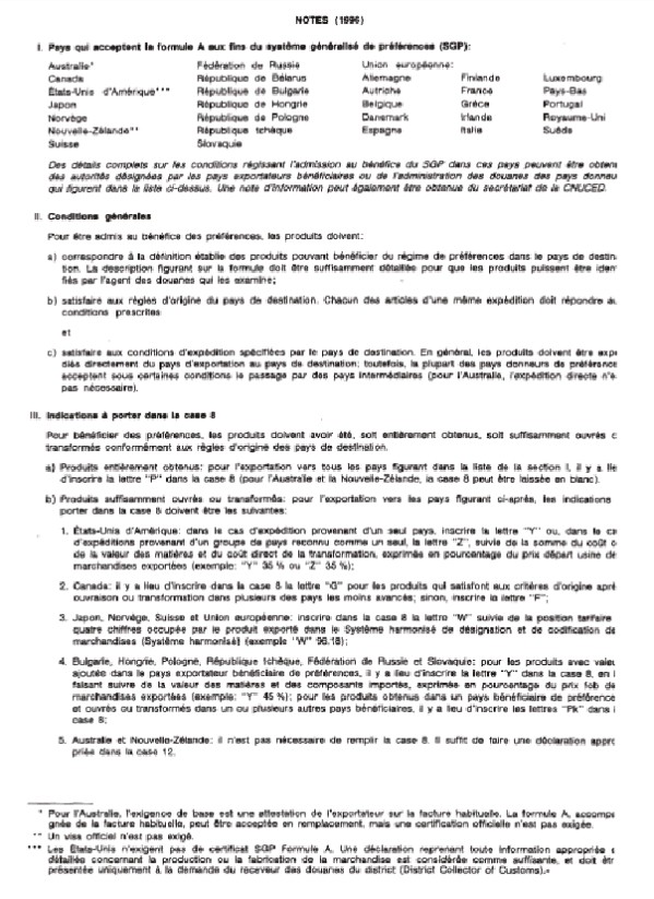 Formular: Allgemeines Präferenzsystem - Ursprungszeugnis - Formblatt A, Rückseite (französische Fassung)