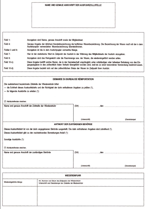 Formular: INF 3 - Auskunftsblatt Rückwaren, Durchschrift, Rückseite