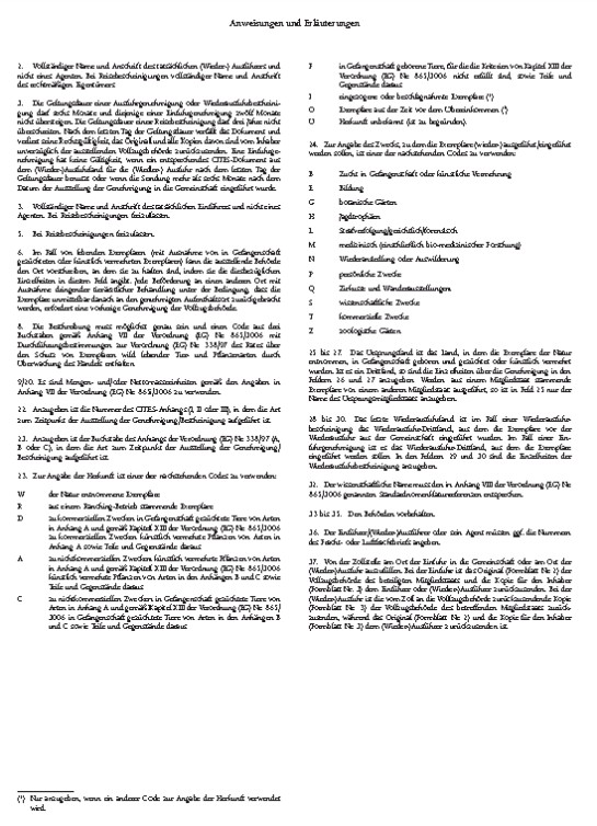 Rückseite Muster 1: Anweisungen und Eräuterungen des Formblattes für Einfuhrgenehmigungen, Ausfuhrgenehmigungen und Wiederausfuhr- und Wanderbescheinigungen, Seite 2