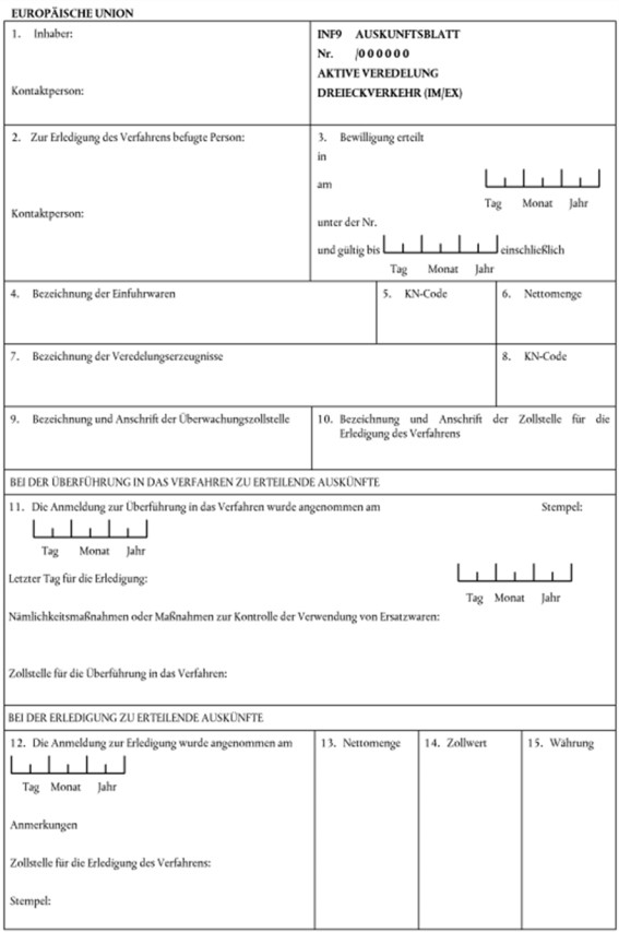 Formular INF9 - Auskunftsblatt Aktive Veredelung Dreieckverkehr (IM/EX), Seite 1