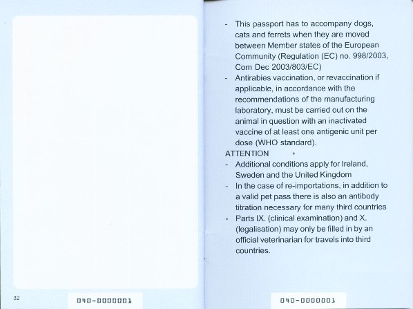 Muster 3 - Heimtierausweis (Pet Passport) - Seite 32 und Deckblatt