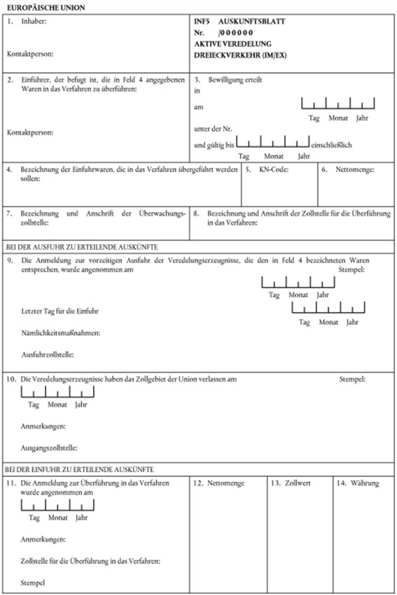 Formular INF5 - Auskunftsblatt Aktive Veredelung Dreieckverkehr (IM/EX), Seite 1