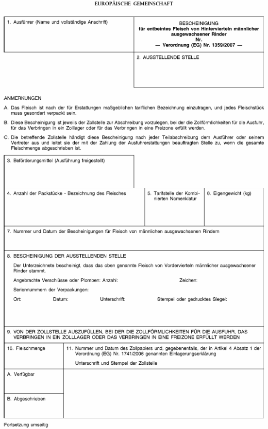 Bescheinigung für entbeintes Fleisch von Hintervierteln männlicher ausgewachsener Rinder VO (EG) Nr. 1359/2007