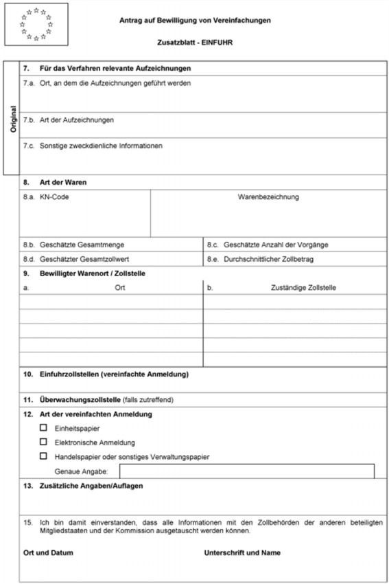 Formular: Antrag auf Bewilligung von Vereinfachungen - Zusatzblatt Einfuhr, Muster