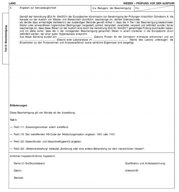 Muster der Bescheinigung für die Einfuhr von Weizen und Weizenmehl, das der Verordnung (EU) Nr. 844/2011 unterliegt - Seite 2