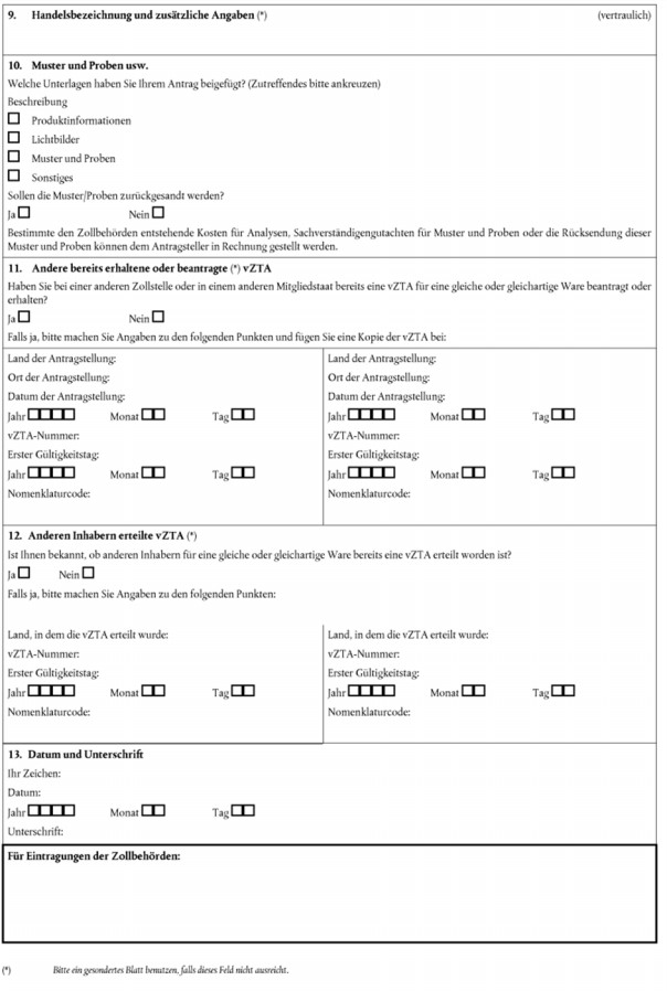 Formular Antrag auf Erteilung einer verbindlichen Zolltarifauskunft (vZTA), Seite 2
