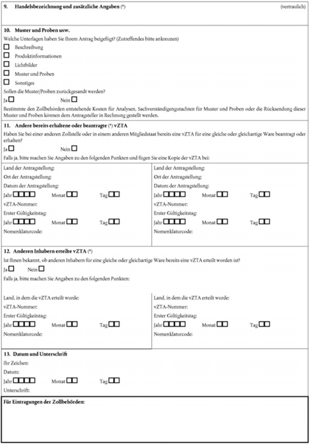 Formular Antrag auf Erteilung einer verbindlichen Zolltarifauskunft (vZTA), Seite 2