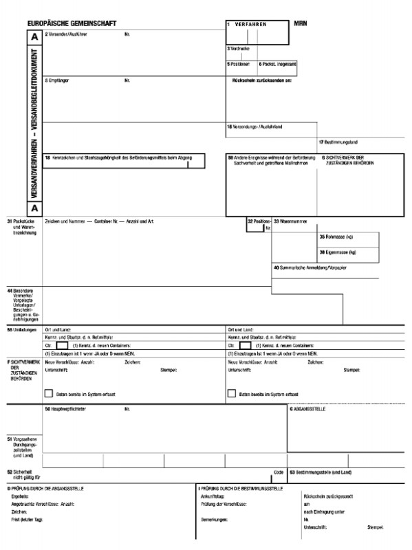 Formular: Versandbegleitdokument, Ausfertigung A (Versandverfahren - Versandbegleitdokument)