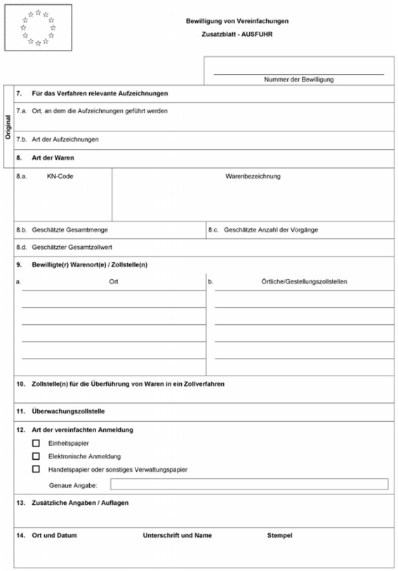 Formular: Bewilligung von Vereinfachungen - Zusatzblatt Ausfuhr, Muster