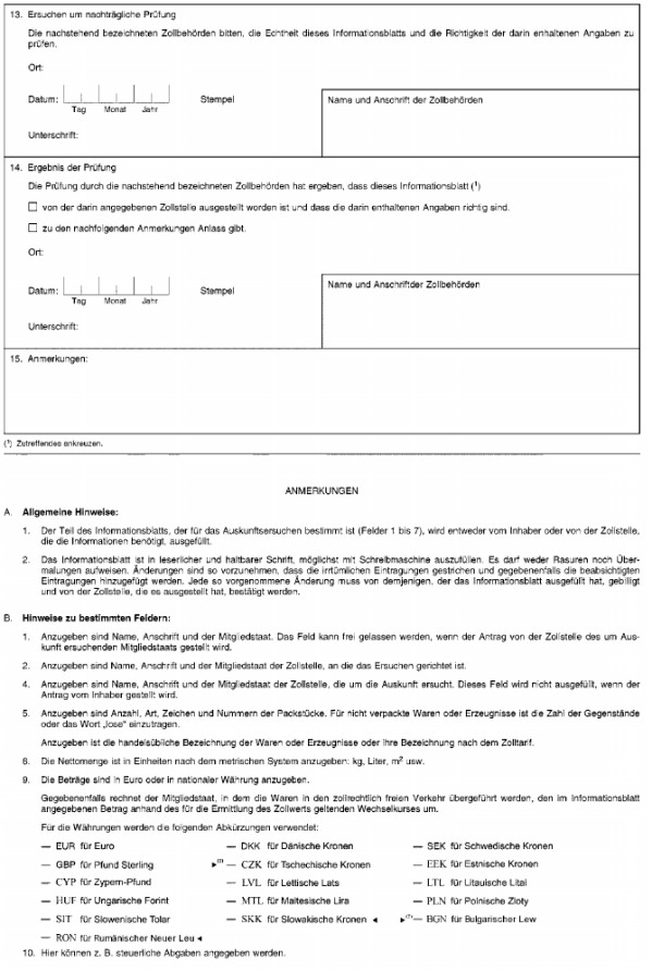 Formular: INF 1 - Informationsblatt Aktive Veredelung, Rückseite