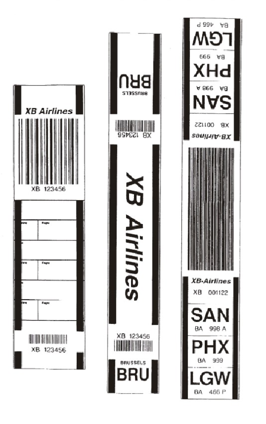 Muster: Gepäckanhänger, der an in einem Gemeinschaftsflughafen aufgegebenem Gepäck anzubringen ist