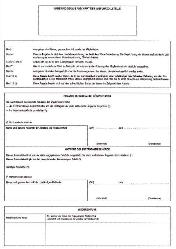 Formular: INF 3 - Auskunftsblatt Rückwaren, Original, Rückseite