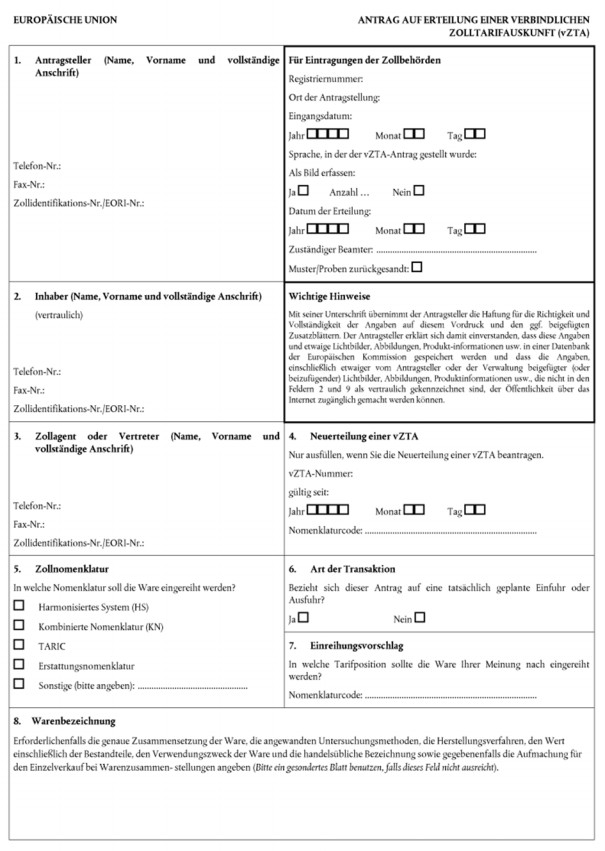 Formular Antrag auf Erteilung einer verbindlichen Zolltarifauskunft (vZTA), Seite 1
