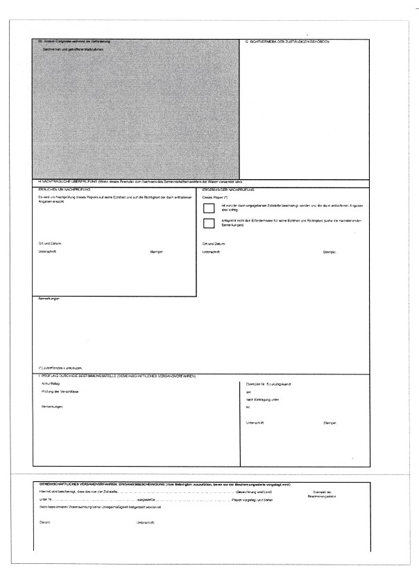 Formular: Einheitspapier - Anmeldung für Datenverarbeitung, Ausfertigung 4/5 (Exemplar für die Bestimmungsstelle bzw. Rückschein - Gemeinschaftliches Versandverfahren), Rückseite