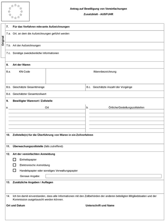 Formular: Antrag auf Bewilligung von Vereinfachungen - Zusatzblatt Ausfuhr, Muster