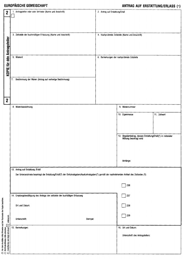 Formular: Antrag auf Erstattung/Erlass der Abgaben, Ausfertigung 2 (Kopie für den Antragsteller)
