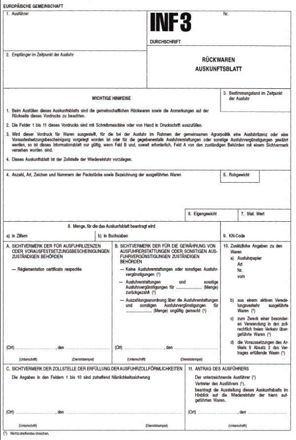 Formular: INF 3 - Auskunftsblatt Rückwaren, Durchschrift