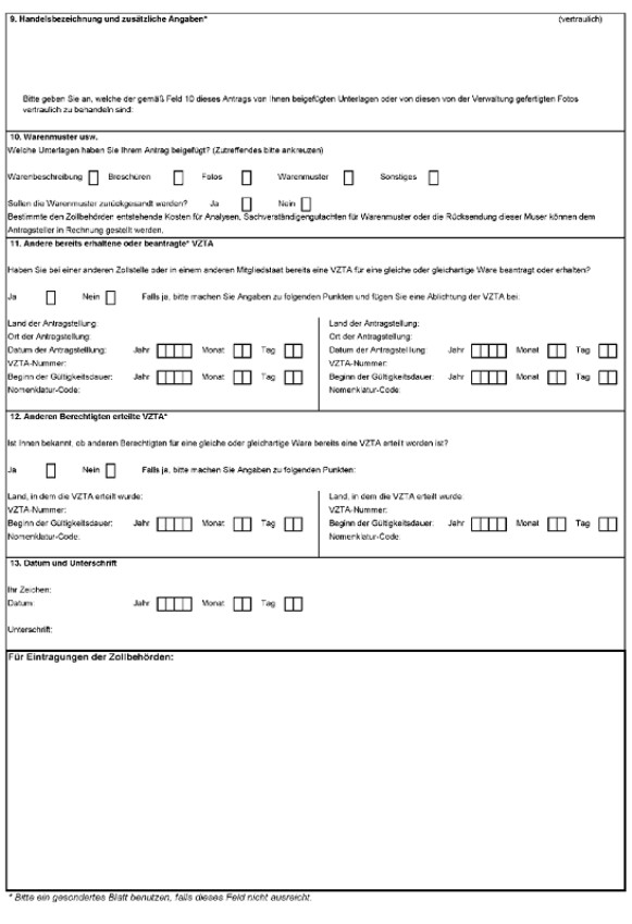 Formular: Antrag auf Erteilung einer verbindlichen Zolltarifauskunft (VZTA), Seite 2