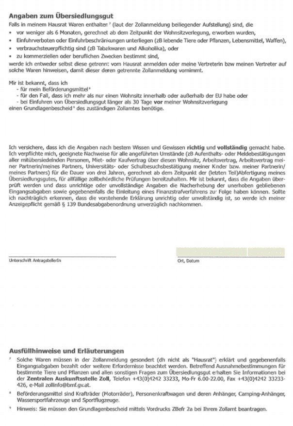 Formular: Erklärung betreffend Zollbefreiungen für Übersiedlungsgut, Seite 2 Angaben zum Übersiedlungsgut
