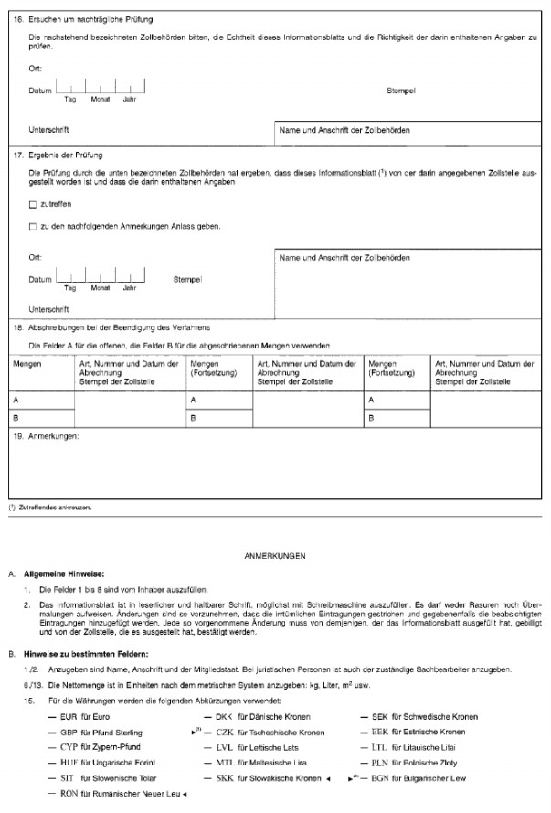 Formular: INF 9 - Informationsblatt Aktive Veredelung Dreieckverkehr (IM/EX), Rückseite