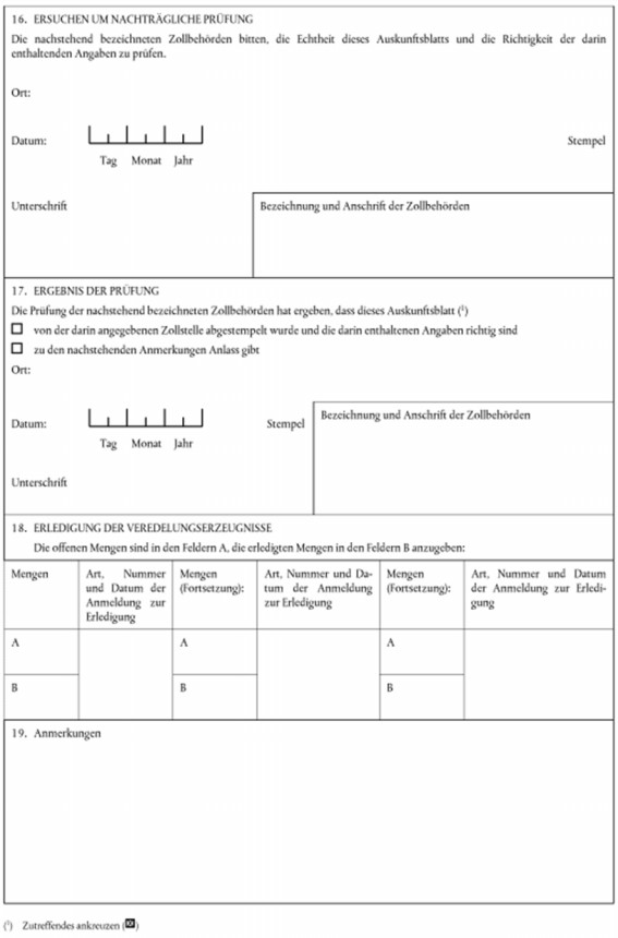 Formular INF9 - Auskunftsblatt Aktive Veredelung Dreieckverkehr (IM/EX), Seite 2