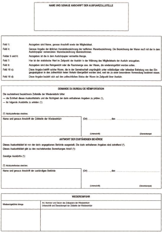 Formular Auskunftsblatt INF3 für Rückwaren, Durchschrift Rückseite