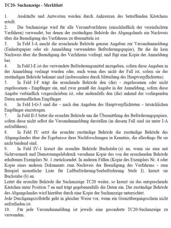 TC20 - Suchanzeige, Merkblatt