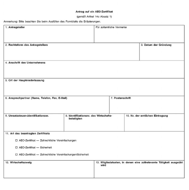 Formular: Antrag auf ein AEO-Zertifikat, Seite 1