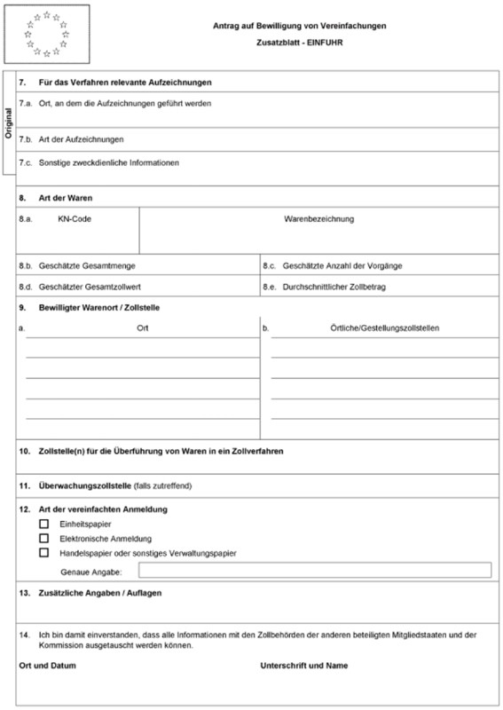 Formular: Antrag auf Bewilligung von Vereinfachungen - Zusatzblatt Einfuhr, Muster
