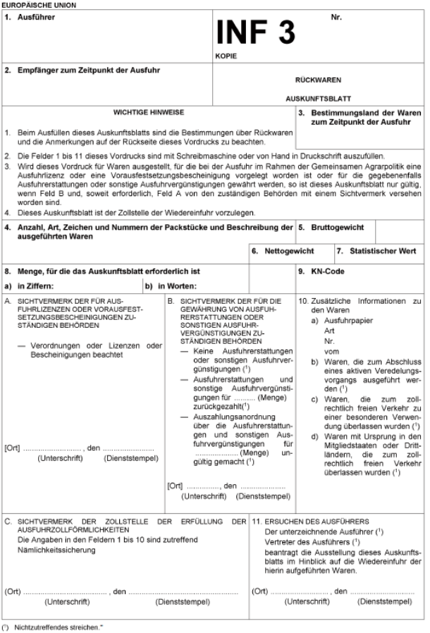 Formular Auskunftsblatt INF3 für Rückwaren, Durchschrift, Vorderseite