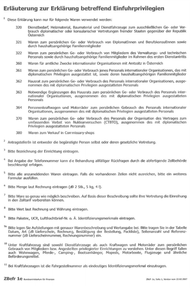 Ausfüllhilfe ZBefr 1e - Seite 1:
Formular: Erläuterungen zur Erklärung betreffend Einfuhrprivilegien, Seite 1
