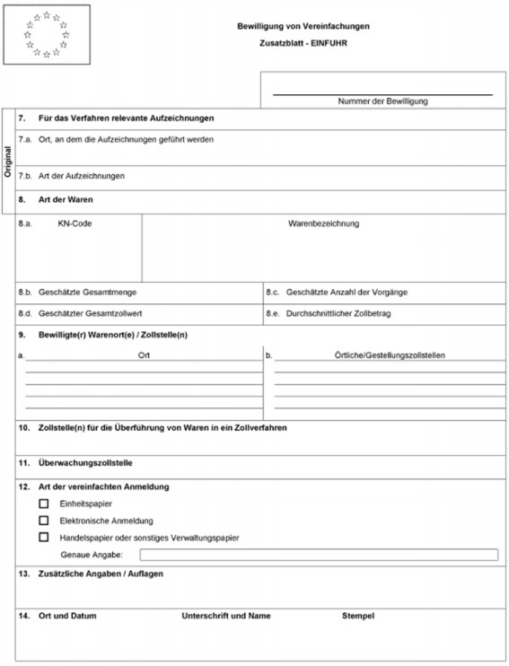 Formular: Bewilligung von Vereinfachungen - Zusatzblatt Einfuhr, Muster
