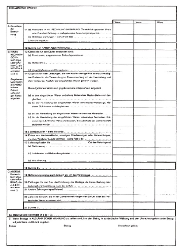 Formular: Anmeldung der Angaben über den Zollwert - D.V.1, Rückseite