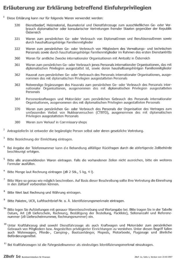 Formular: Erläuterungen zur Erklärung betreffend Einfuhrprivilegien, Seite 1