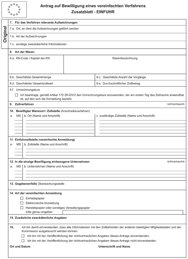 Formular: Antrag auf Bewilligung eines vereinfachten VerfahrensZusatzblatt - EINFUHR