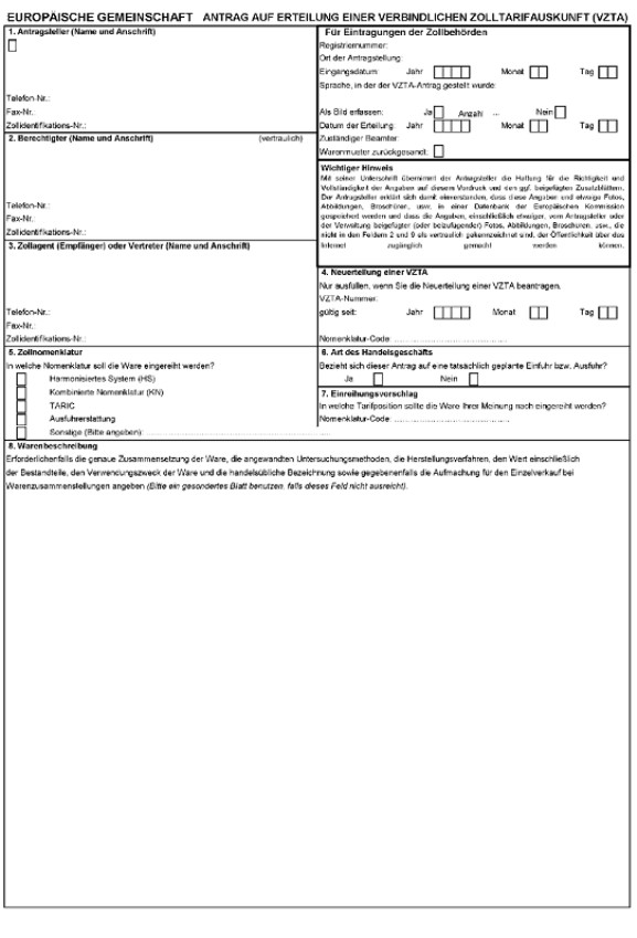 Formular: Antrag auf Erteilung einer verbindlichen Zolltarifauskunft (VZTA), Seite 1