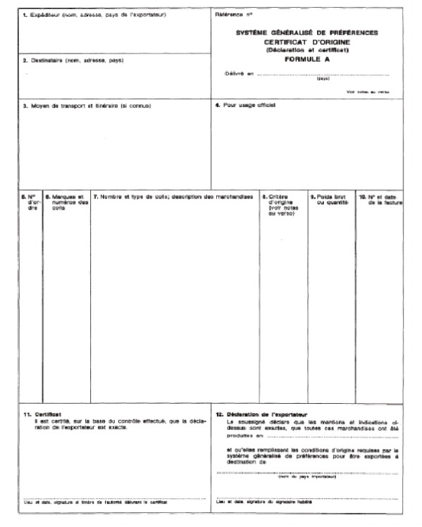 Formular: Allgemeines Präferenzsystem - Ursprungszeugnis - Formblatt A, (französische Fassung)